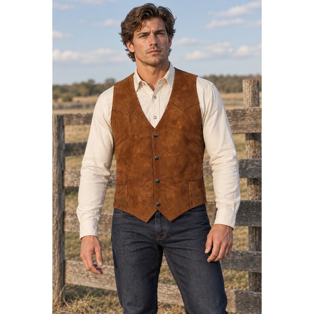 Vintage Pioneer Wear Suede Leather Vest Men's 46L Approx XL Western Cowboy Brown